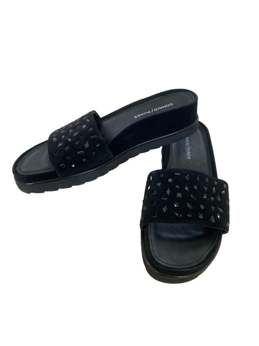 Donald Pliner Black Slides Sandals 7.5 M Crystal Embellished Velvet Shoes